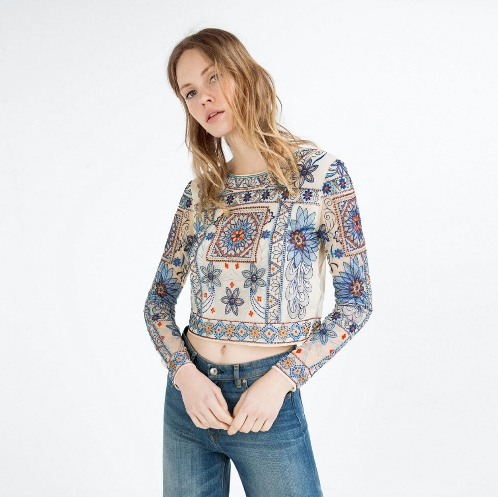 🦋 Zara Premium Mesh Embroidered Beaded Crop Top - White Version